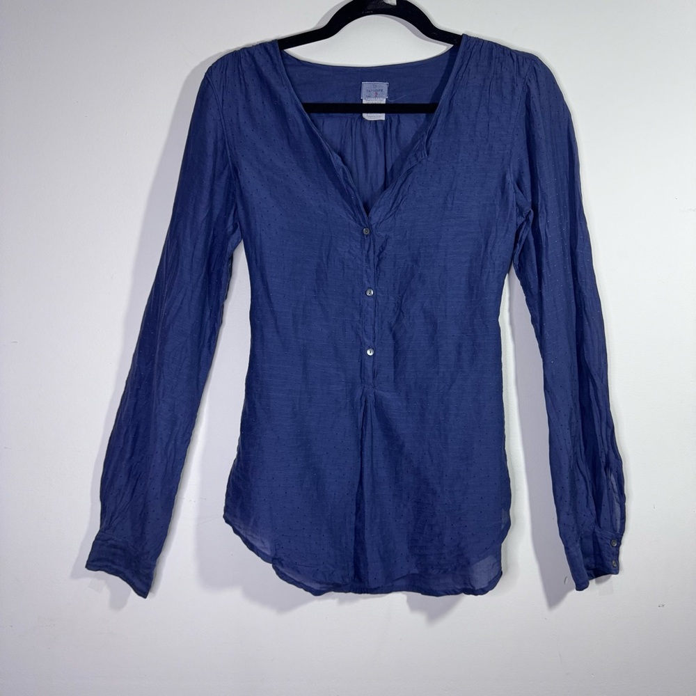 Hartford Paris Blue Swiss Dot Silk Cotton Button Front Peasant Blouse 2